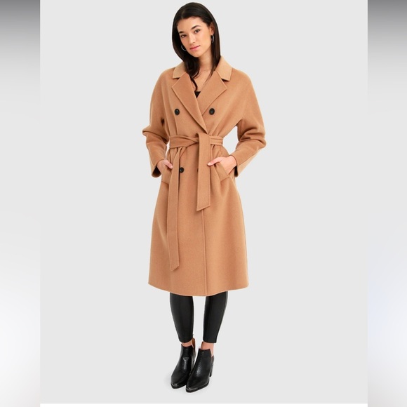 BELLE & BLOOM SIZE L Boss Girl Double Breasted Lined 100% Wool Coat Camel belt - Picture 1 of 9